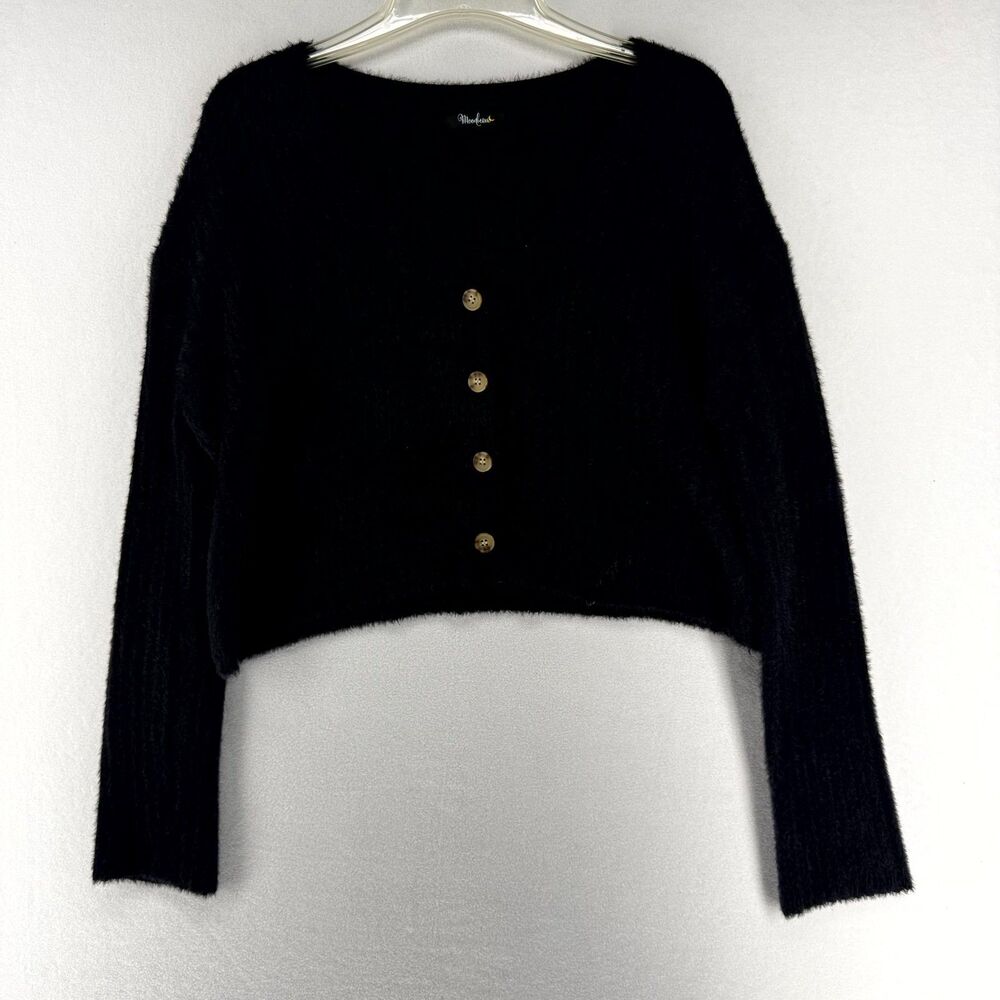 Moonbeam Nylon Blend Fuzzy Button Cropped Sweater Ladies Size S Black Color